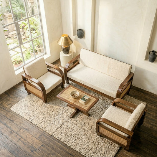 Dark Walnut Sheesham Wood Sofa Set | 5 Seater with Rattan Cane Accents