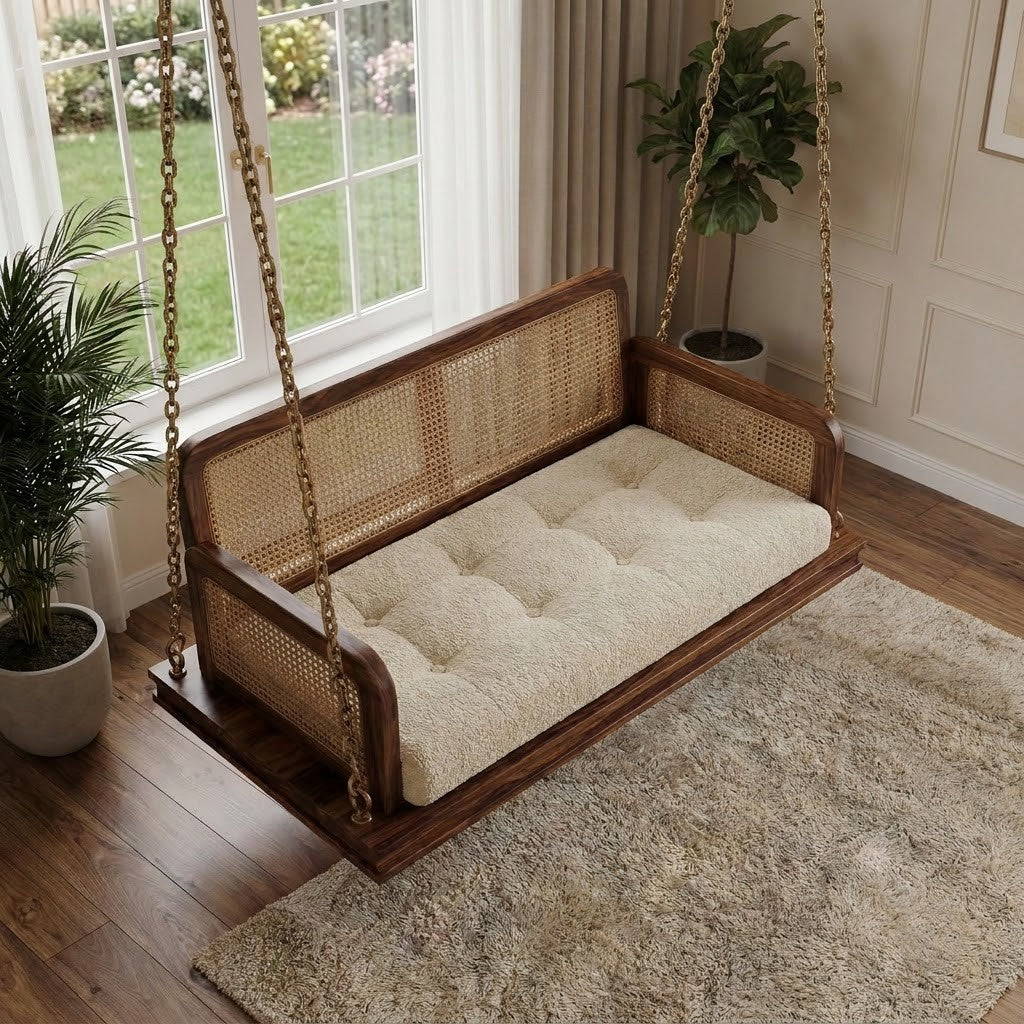 Dark Walnut Sheesham Wood Swing Chair with Crème Boucle Seat – PRITI