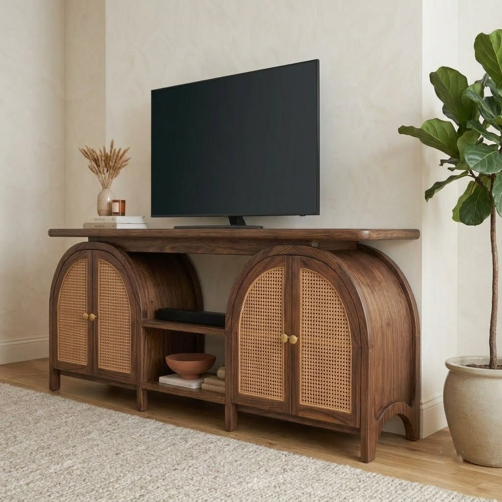 Dark Walnut Sheesham Wood TV Stand with Rattan Cane Doors