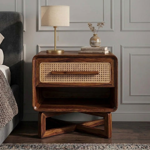 Dark Walnut Sheesham bedside cabinet with drawer storage