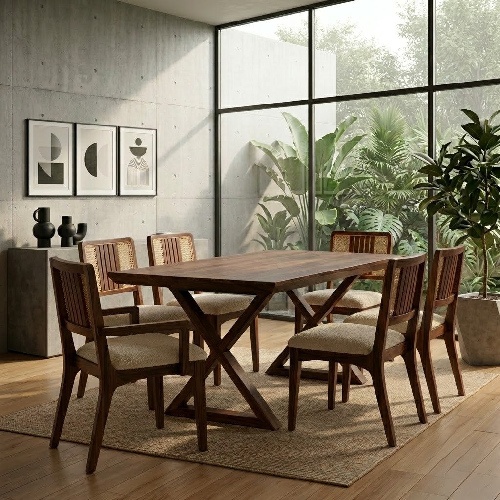 Dark Walnut Sheesham dining table with boucle chairs