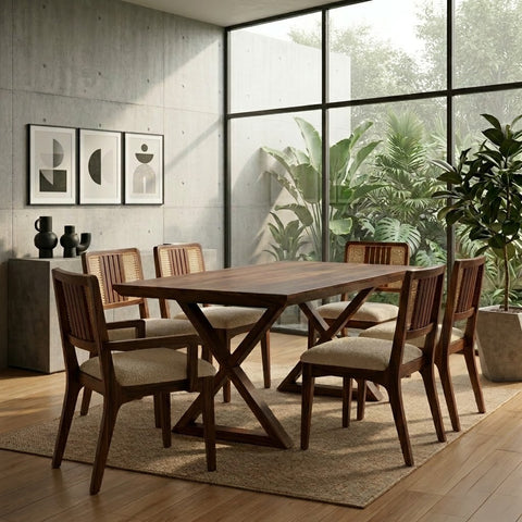 Dark Walnut Sheesham dining table with boucle chairs