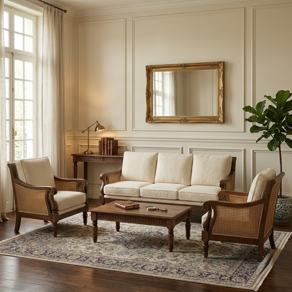 Dark Walnut Sheesham sofa with Crème Boucle fabric