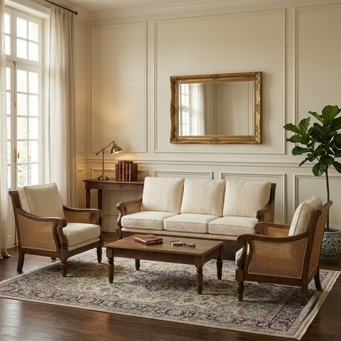 Dark Walnut Sheesham sofa with Crème Boucle fabric