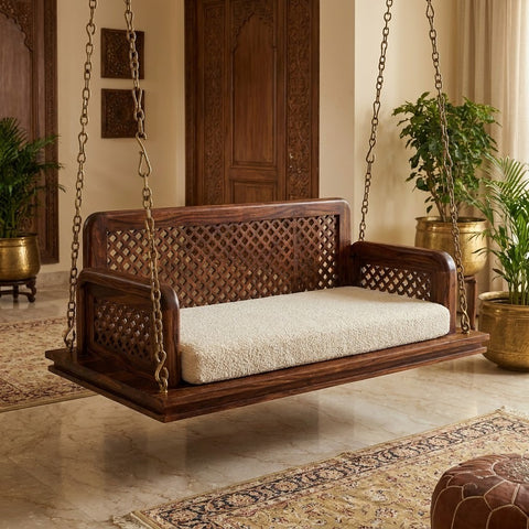 Dark Walnut Sheesham wood Jhula with decorative lattice detailing for home
