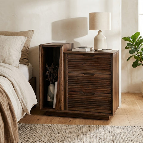Dark Walnut Sheesham wood bedroom nightstand with cabinet storage