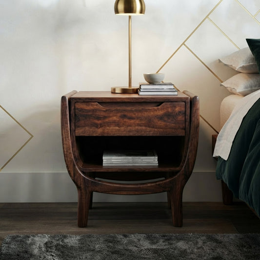 Dark Walnut Sheesham wood nightstand with curved wooden frame