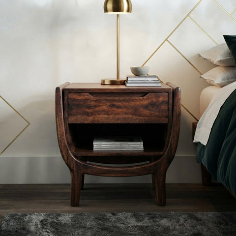 Dark Walnut Sheesham wood nightstand with curved wooden frame