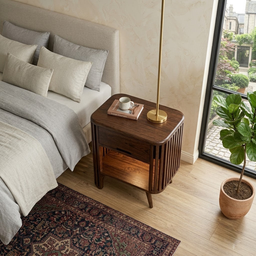 Dark Walnut Sheesham wood nightstand with vertical side detailing