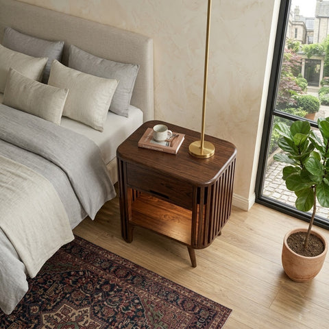 Dark Walnut Sheesham wood nightstand with vertical side detailing
