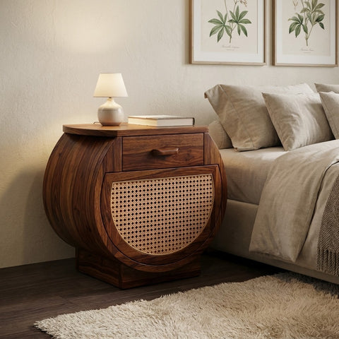 Dark Walnut Sheesham wood side table with cane-front cabinet