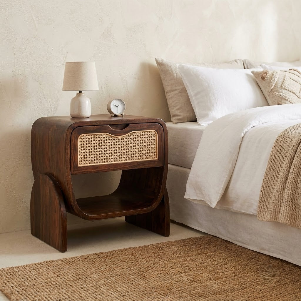 Dark Walnut Sheesham wood side table with cane-front drawer