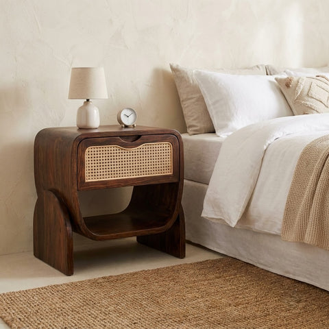 Dark Walnut Sheesham wood side table with cane-front drawer