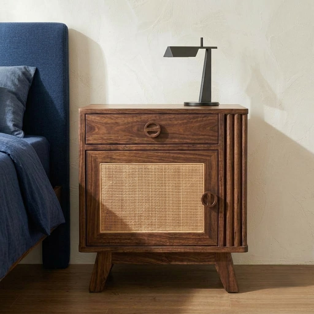 Dark Walnut Sheesham wood side table with drawer and cabinet storage