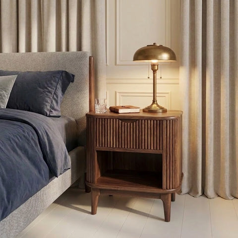 Dark Walnut Sheesham wood side table with fluted drawer