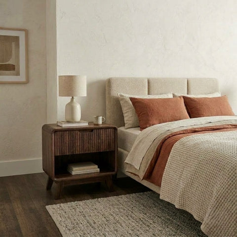 Dark Walnut Sheesham wood side table with open storage compartment