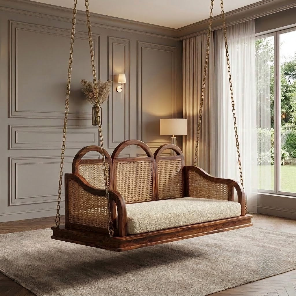 Dark Walnut Sheesham wood swing with cane backrest for home décor