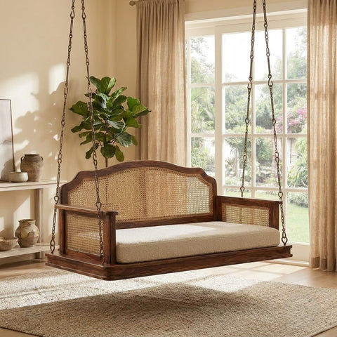Dark Walnut Sheesham wood swing with cane detailing for home décor