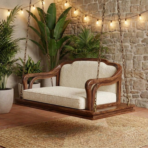 Dark Walnut Sheesham wood swing with crème boucle fabric for home décor