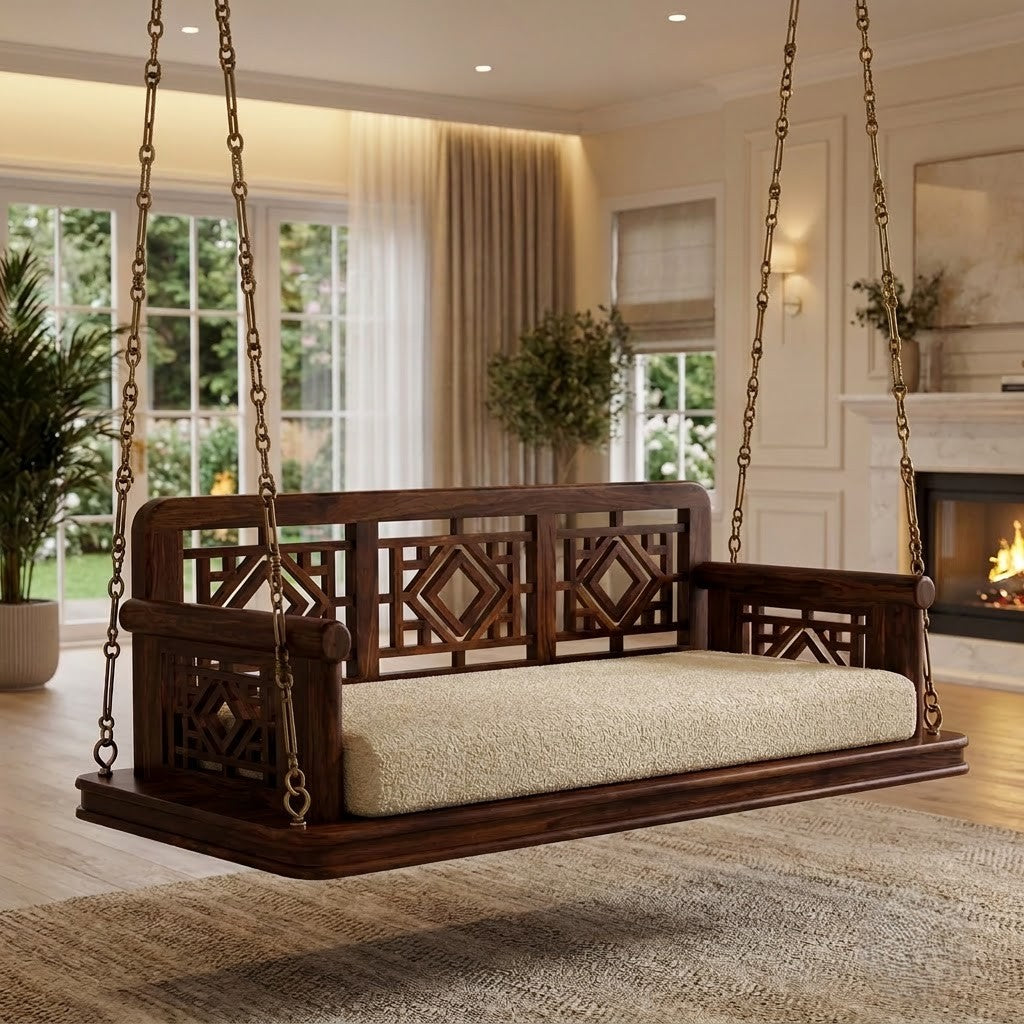 Dark Walnut Sheesham wood swing with geometric carved backrest