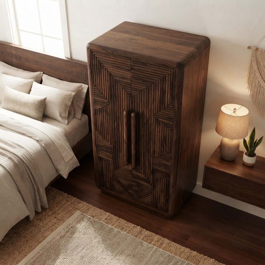 Dark Walnut Sheesham wood wardrobe for bedroom storage