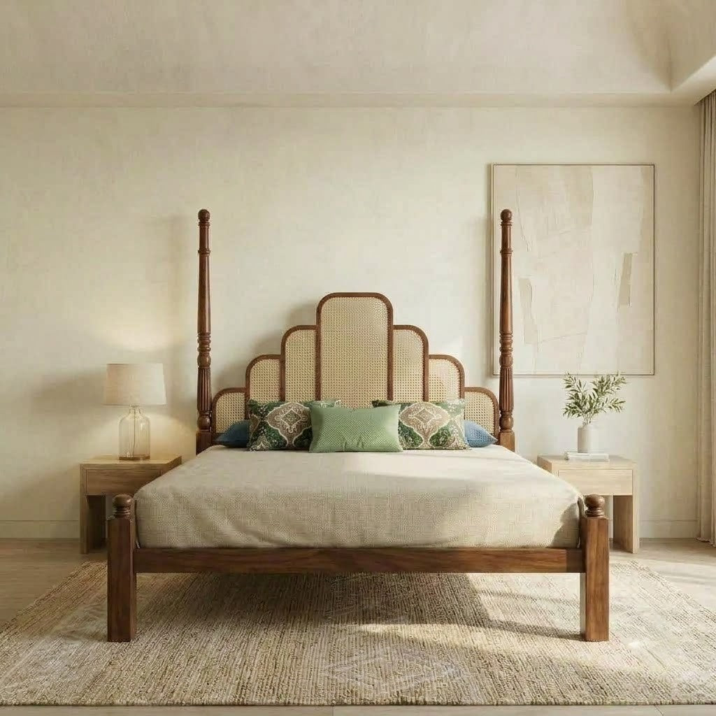 Dark Walnut Sheesham wooden King bed with handcrafted cane headboard