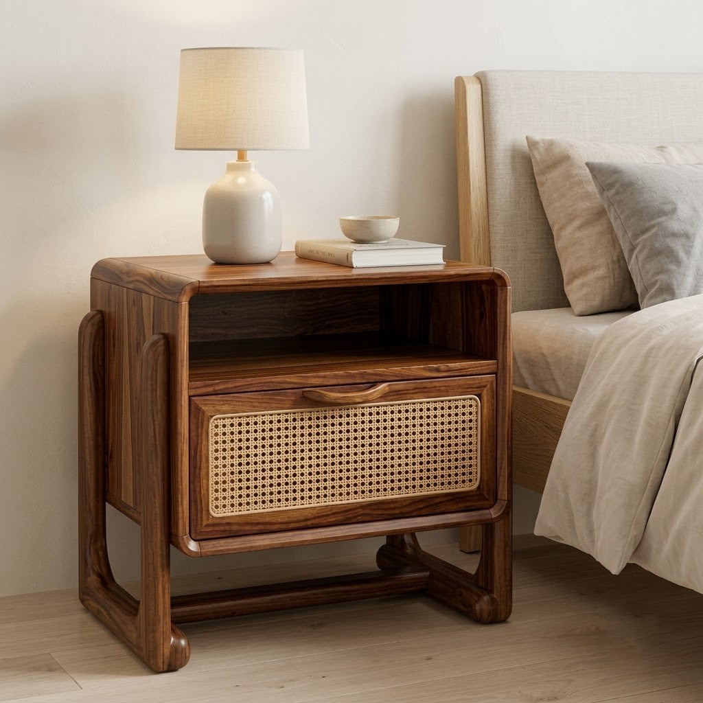 Dark Walnut Wooden Bedside Table with Woven Cane Drawer