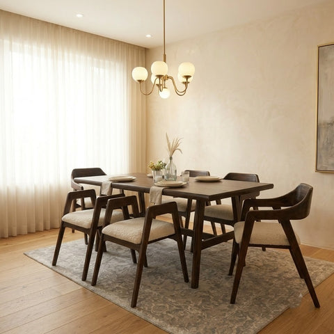 Dark Walnut Wooden Dining Set (6 Seater) with Crème Boucle Chairs – PRITI