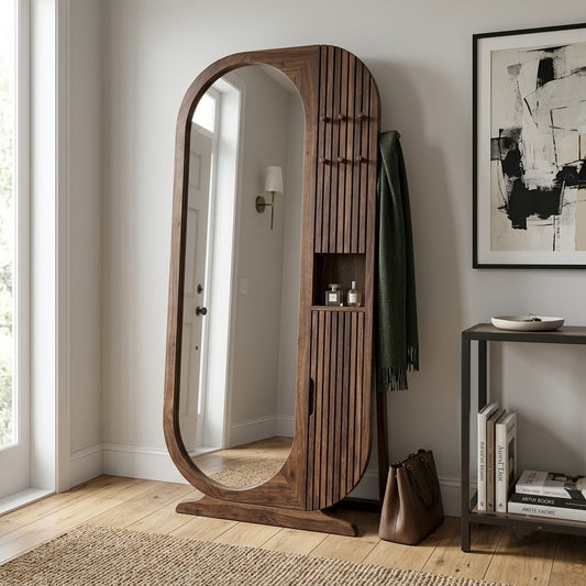 Dark Walnut Wooden Full Length Mirror for Living Room
