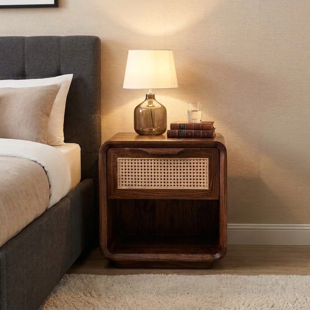 Dark Walnut Wooden Nightstand for Modern Bedroom Interiors