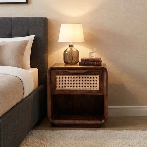 Dark Walnut Wooden Nightstand for Modern Bedroom Interiors