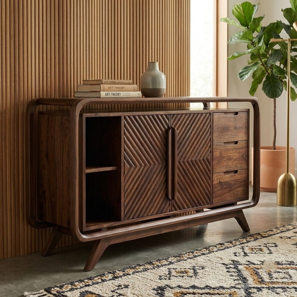 Dark Walnut Wooden Sideboard with Drawers and Shelves