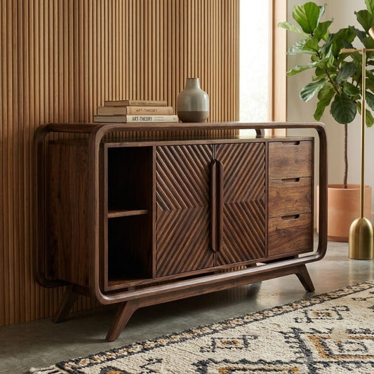 Dark Walnut Wooden Sideboard with Drawers and Shelves