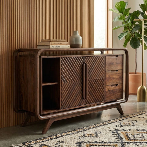 Dark Walnut Wooden Sideboard with Drawers and Shelves
