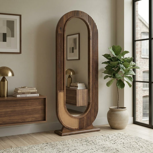 Dark Walnut Wooden Standing Mirror for Bedroom & Entryway