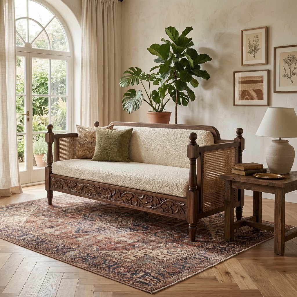 Dark Walnut diwan sofa with woven cane sides and Crème Boucle upholstery