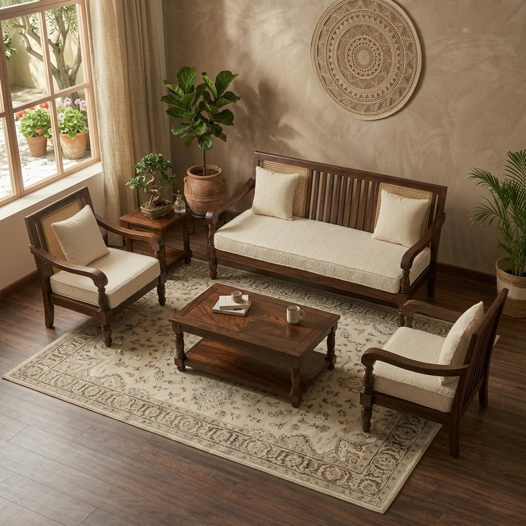 Dark Walnut five seater wooden sofa with Crème Boucle