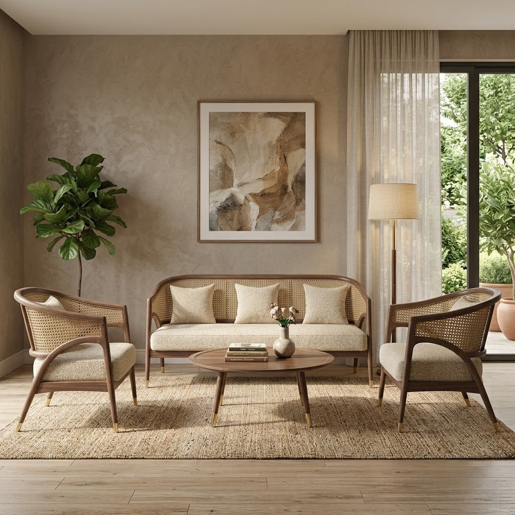 Dark Walnut teak wood sofa set with rattan design for living room