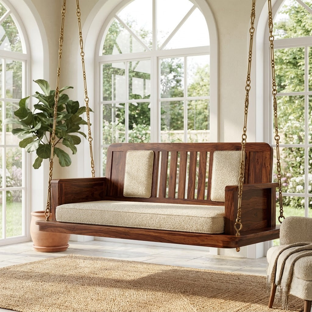 Dark Walnut wooden Jhula with solid Sheesham frame for home interiors