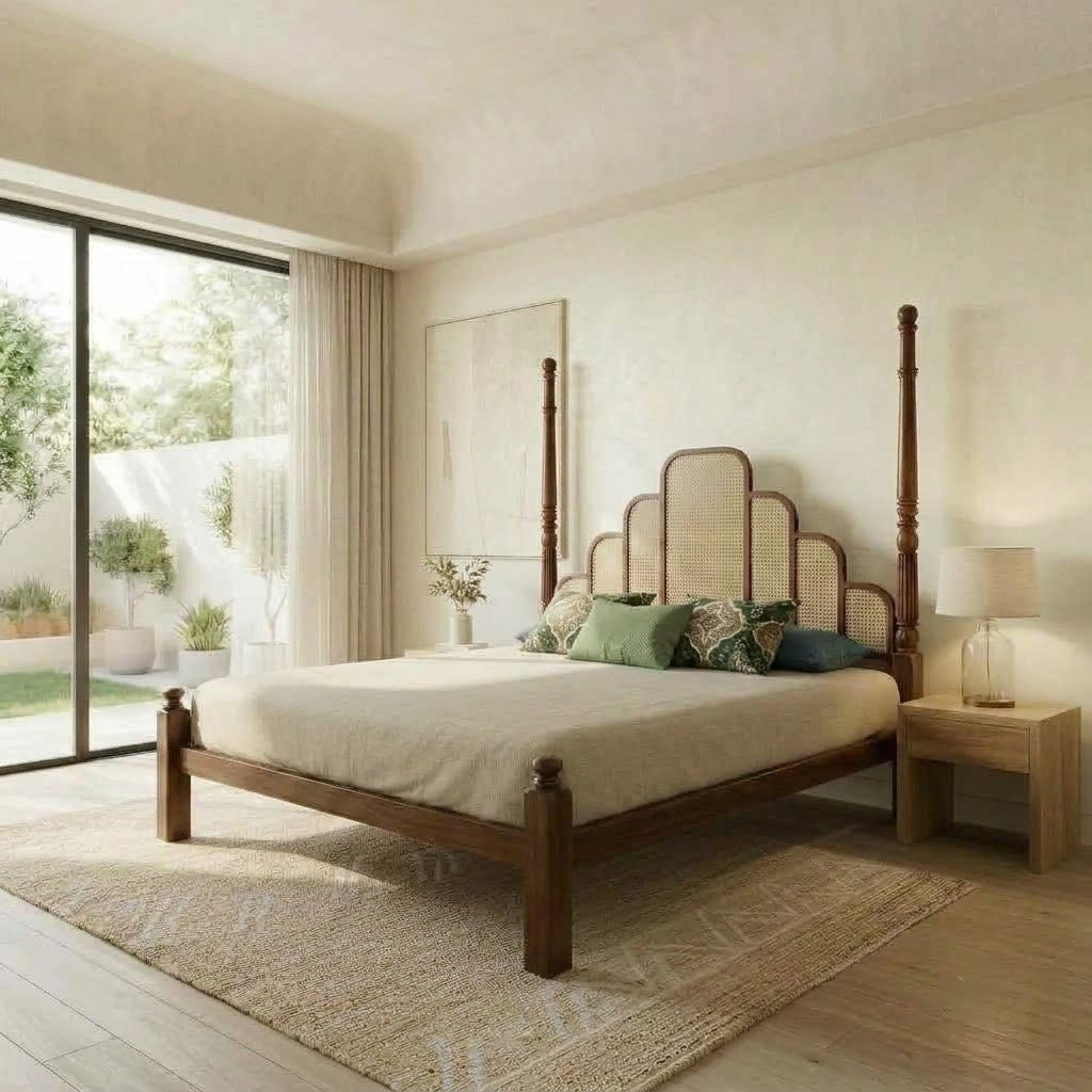 Dark Walnut wooden King bed with stained cane detailing