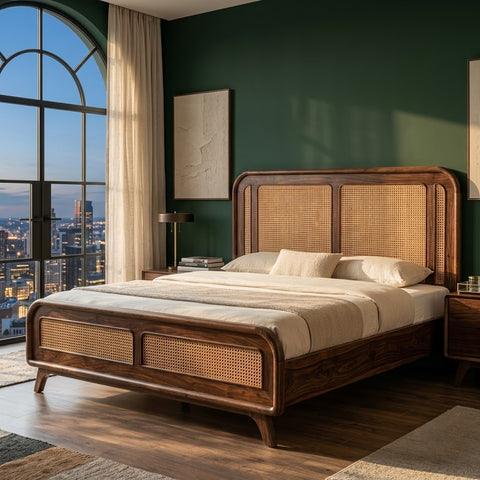 Dark Walnut wooden bed with cane weaving for bedroom