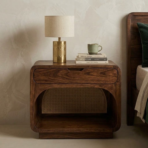 Dark Walnut wooden bedside cabinet with open storage