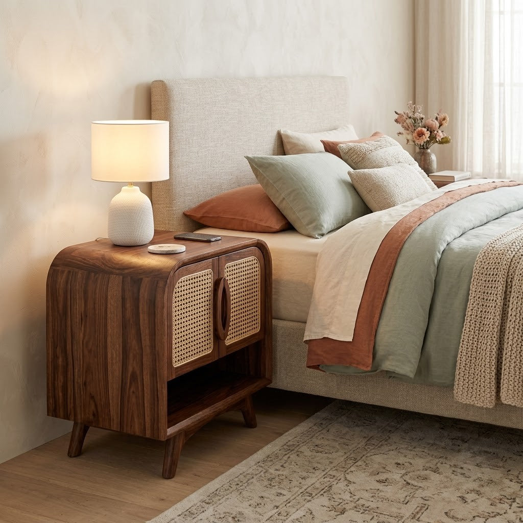 Dark Walnut wooden bedside cabinet with open storage shelf
