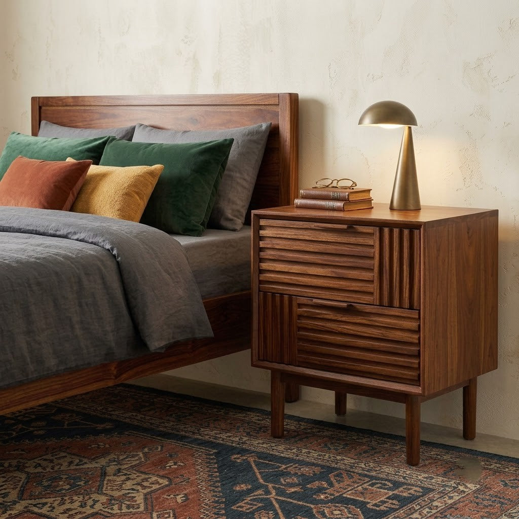 Dark Walnut wooden bedside cabinet with ribbed drawer fronts