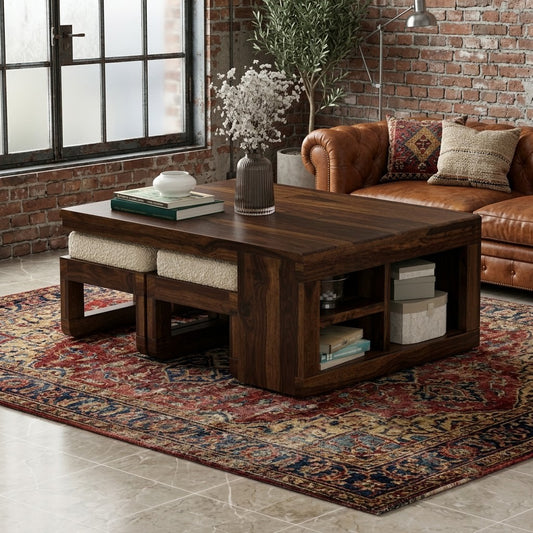 Dark Walnut wooden coffee table with upholstered Crème Boucle stool