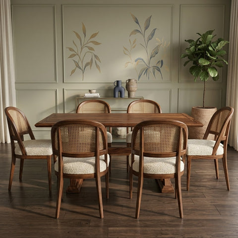 Dark Walnut wooden dining furniture with Crème Boucle seating