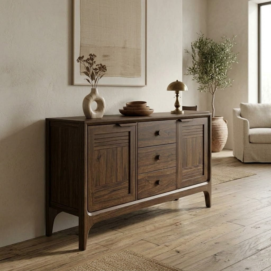 Dark Walnut wooden sideboard with shelves and hinged doors
