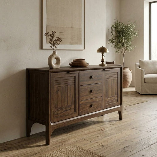 Dark Walnut wooden sideboard with shelves and hinged doors