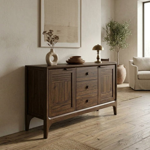 Dark Walnut wooden sideboard with shelves and hinged doors