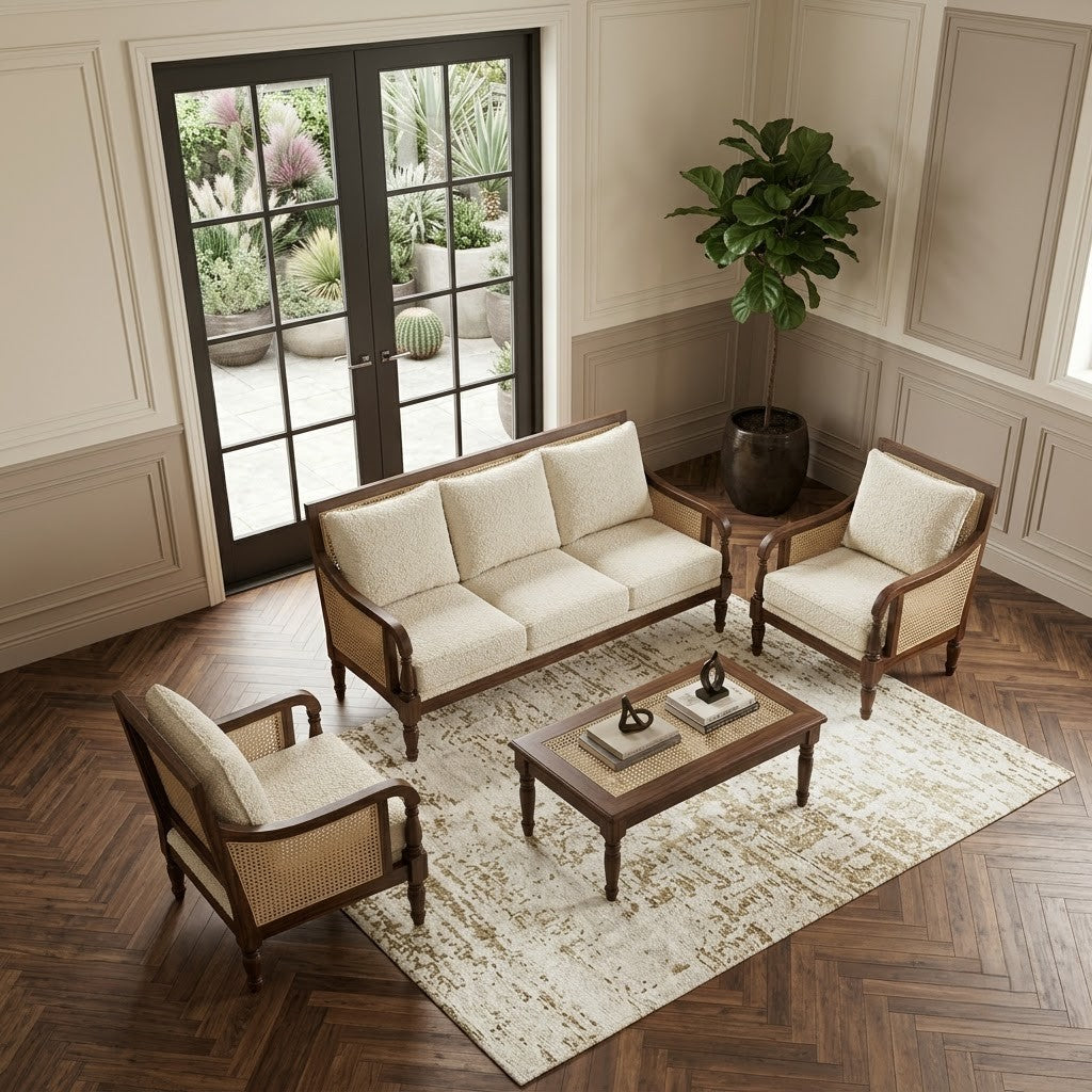Dark Walnut wooden sofa set with Crème Boucle upholstery